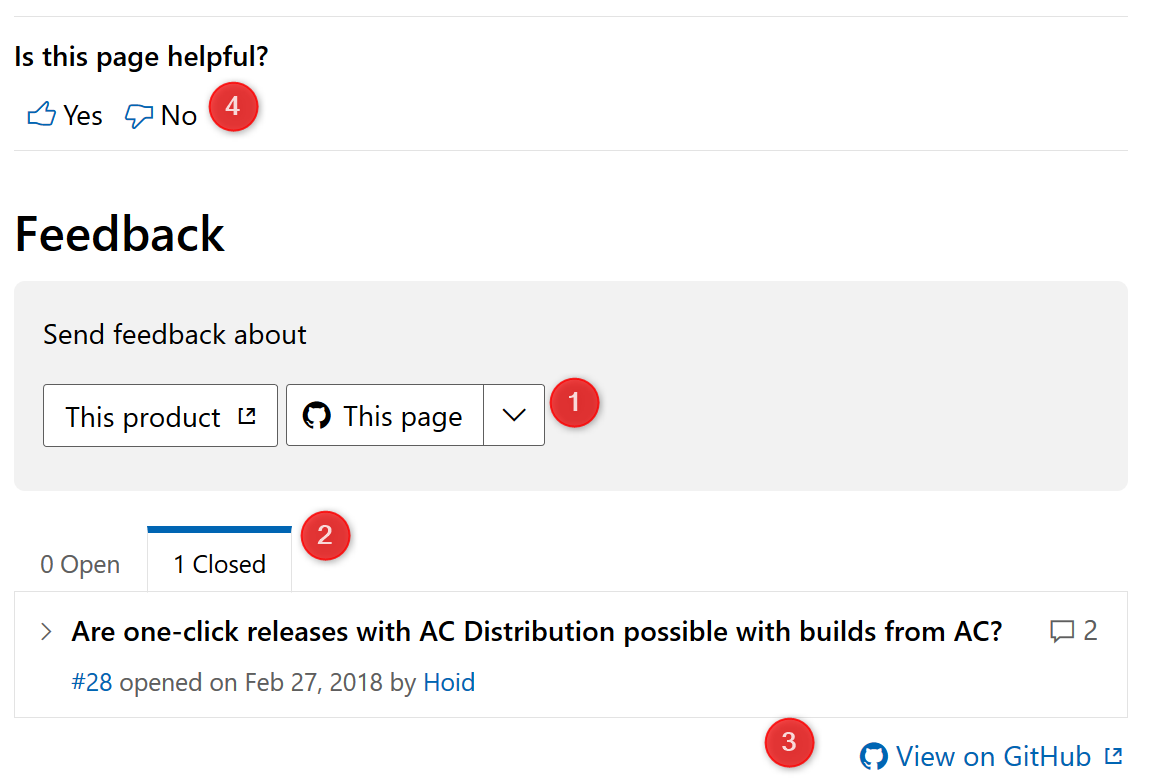 Opções de feedback de documentos do App Center