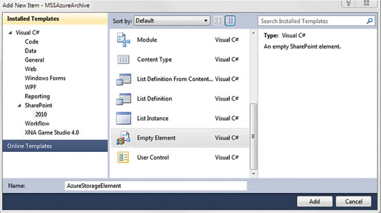 Adding an AzureStorageElement via Add New Item image: Adding an AzureStorageElement via Add New Item