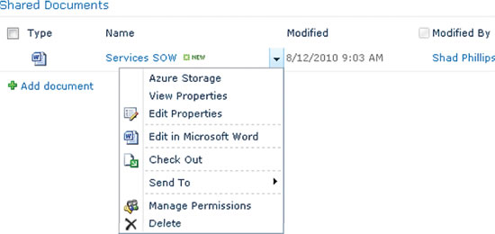Selecting the Azure Storage Element image: Selecting the Azure Storage Element