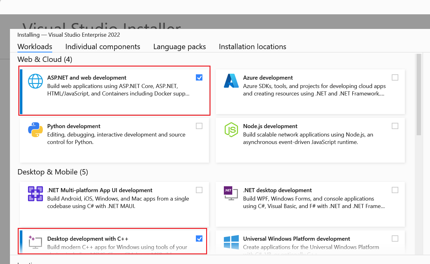 A caixa de diálogo de seleção de carga de trabalho do Visual Studio mostrando “ASP.NET e desenvolvimento na Web” e “Desenvolvimento de desktop com C++” selecionados.