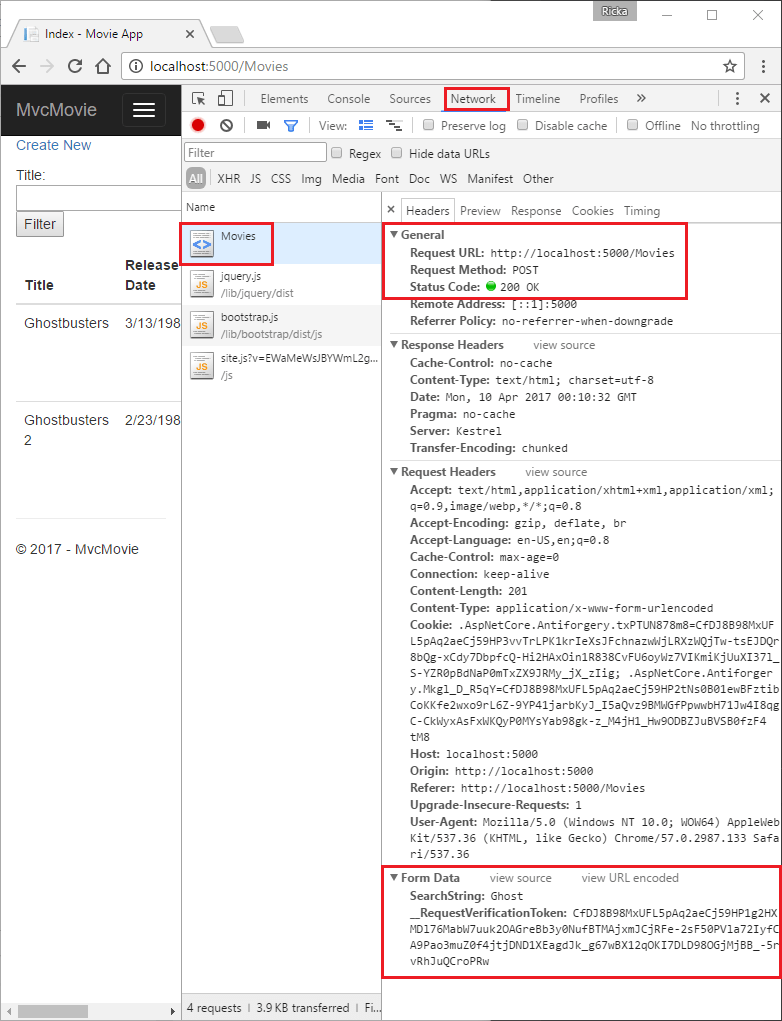 Guia Rede das Ferramentas para Desenvolvedores do Microsoft Edge mostrando o corpo de uma solicitação com um valor de searchString de ghost