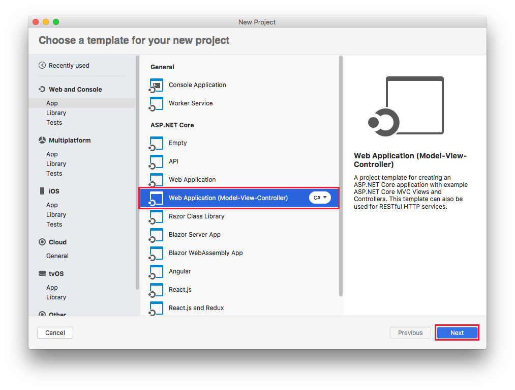 Seleção de modelo de aplicativo Web do macOS