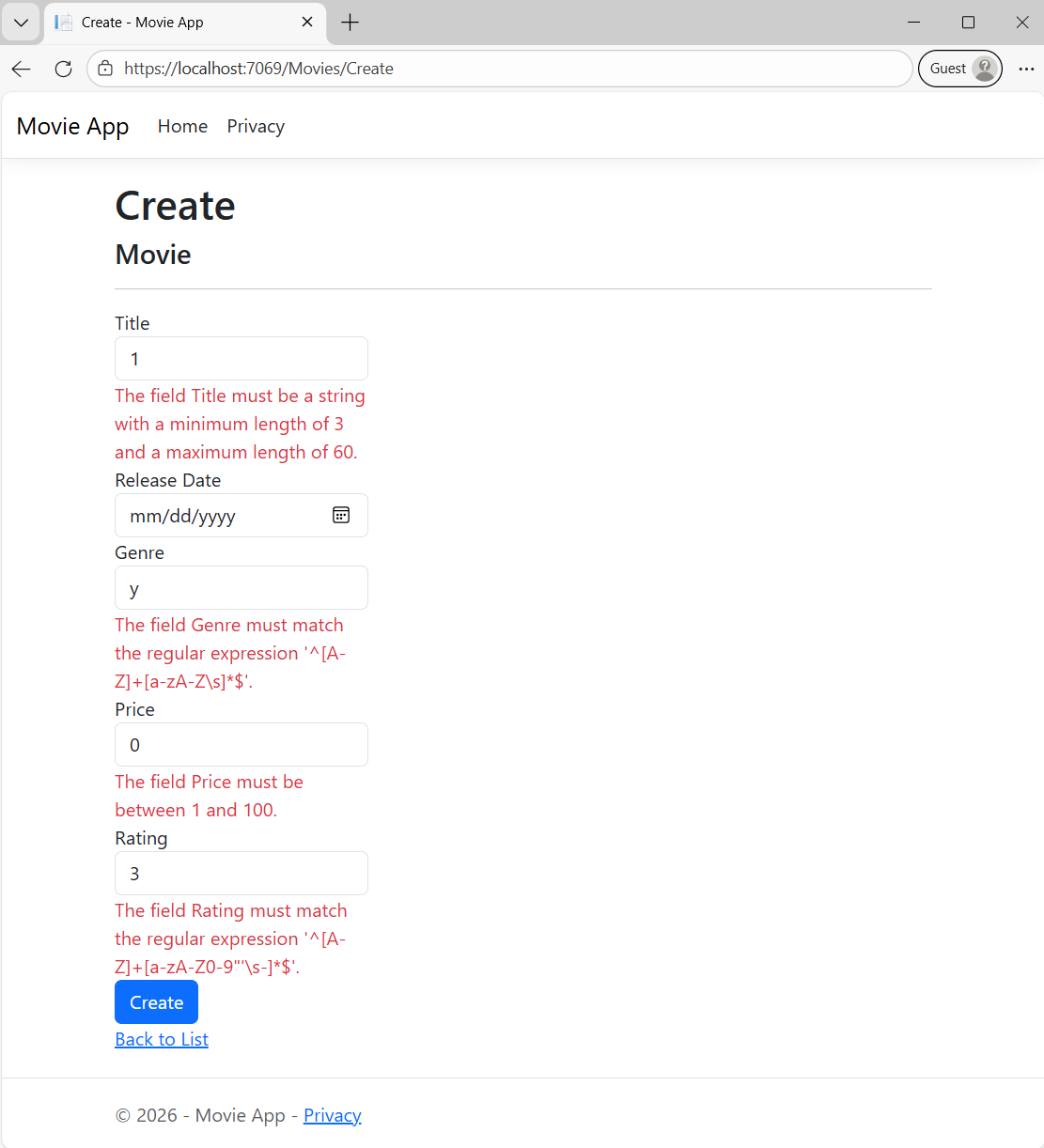 Formulário de exibição de filme com vários erros de validação do lado do cliente jQuery.