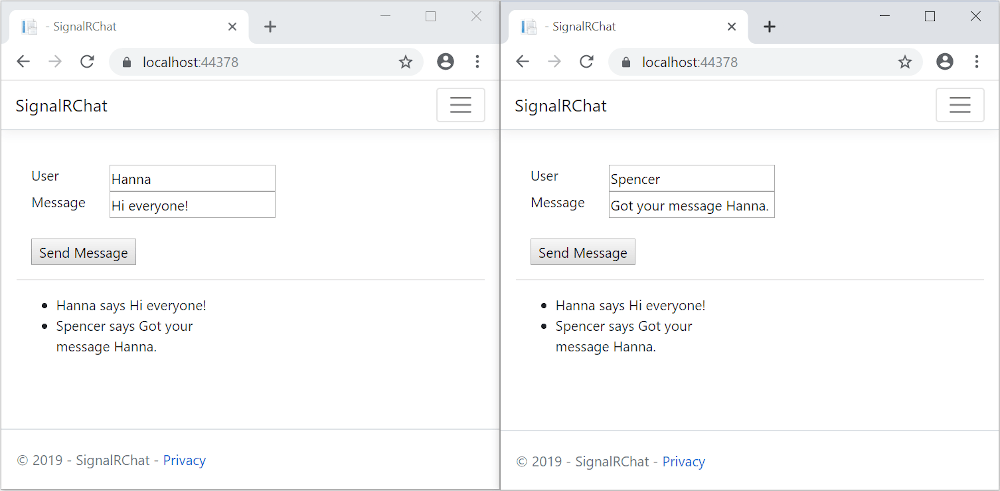 SignalR aplicativo de amostra