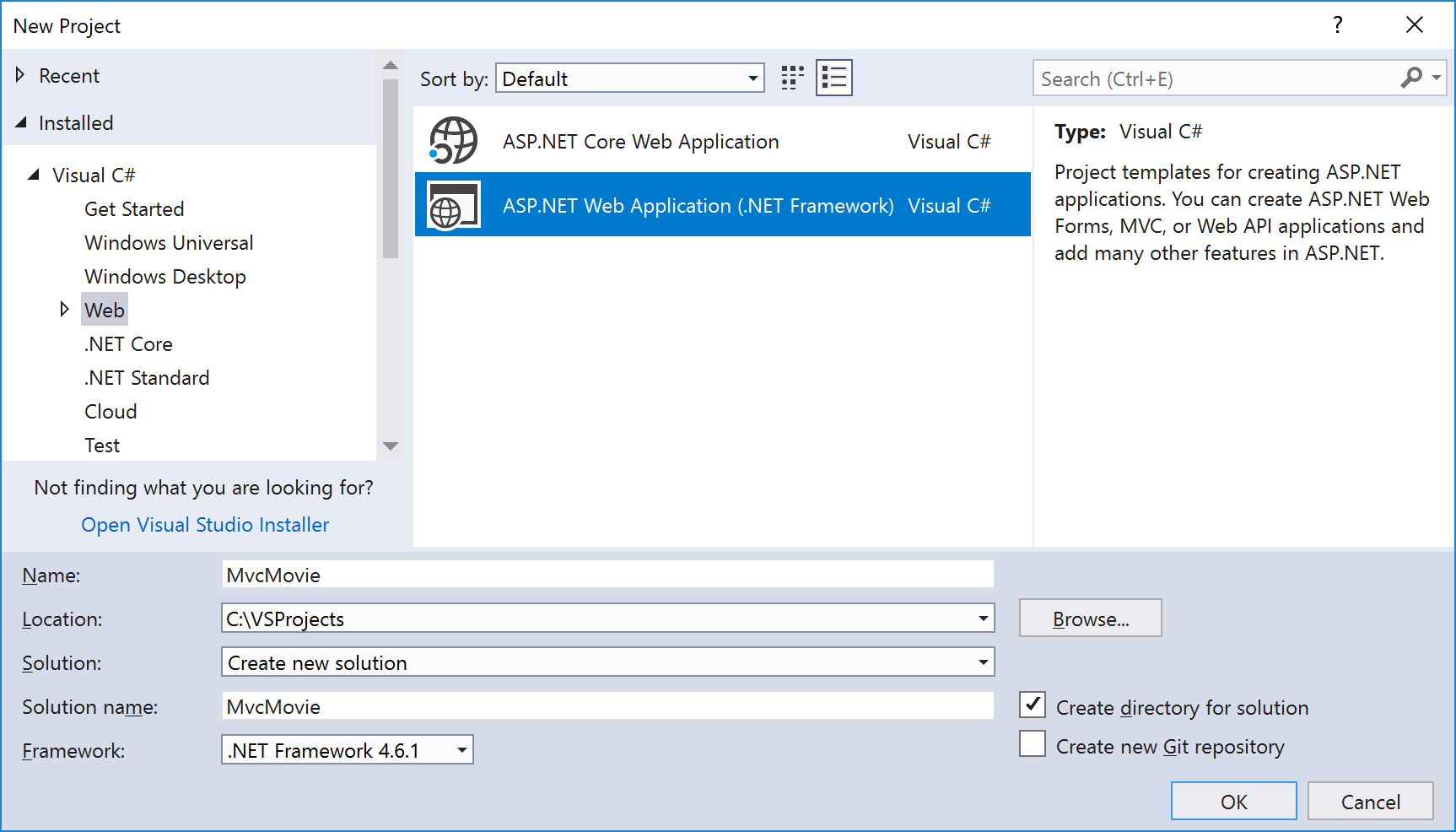 Captura de tela que mostra a janela Novo Projeto. Web e A S P dot NET Web Application dot NET Framework são selecionados.