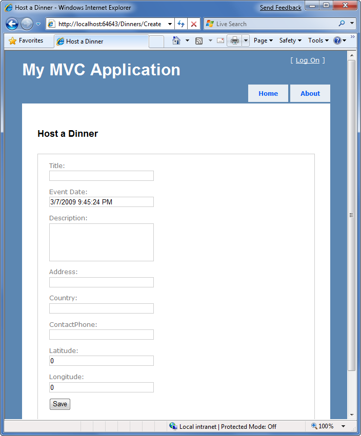 Captura de tela da página Meu Aplicativo M V C. O formulário Hospedar um Jantar é mostrado.