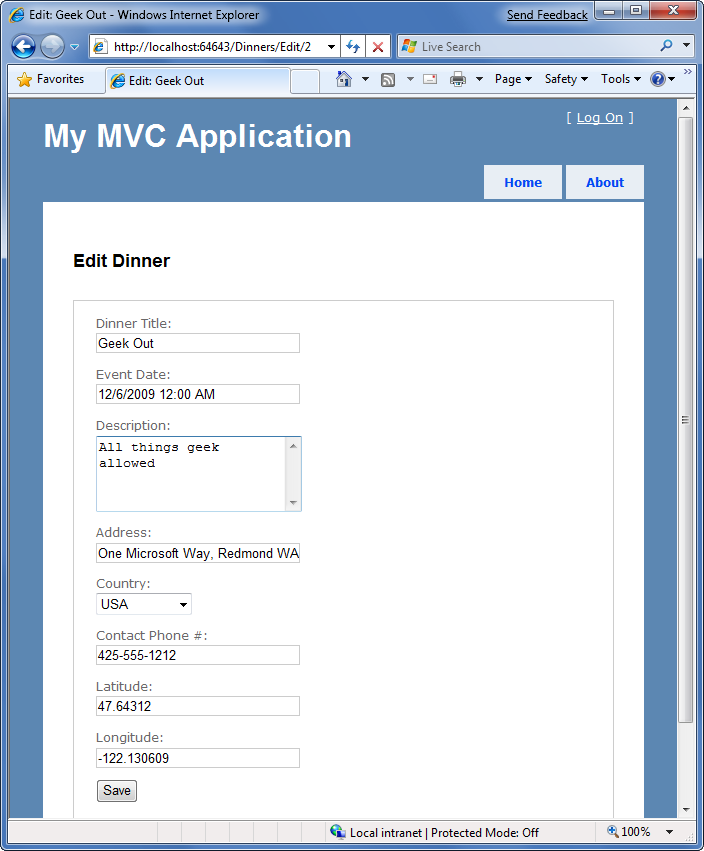 Captura de tela da paage Meu Aplicativo M V C é mostrada. O formulário Editar é mostrado.