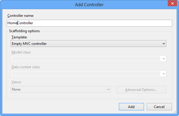 Captura de tela da caixa de diálogo Adicionar controlador com as opções disponíveis para criar o controlador.