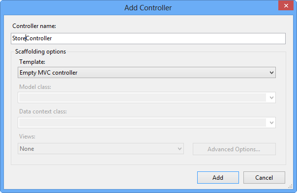 Adicionar captura de tela da caixa de diálogo do controlador com barra para inserir o nome do controlador e uma opção para selecionar opções de scaffolding.