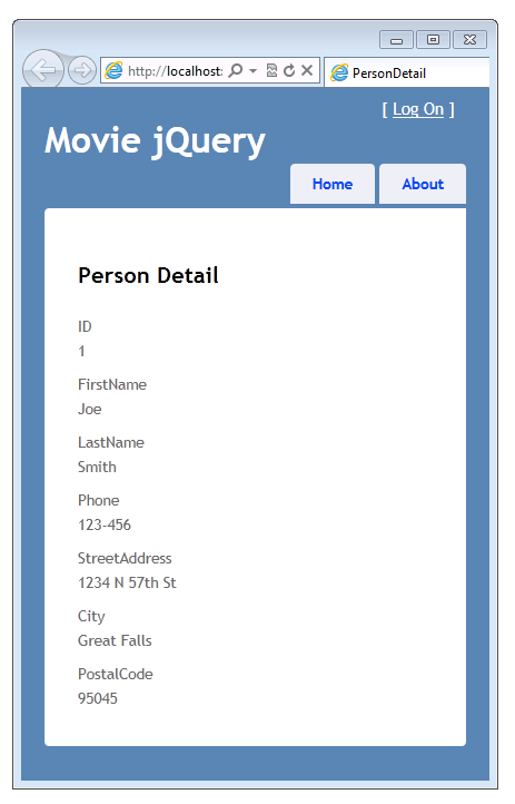 Captura de tela da janela Filme jQuery mostrando o modo de exibição PersonDetail com os novos campos Endereço de Rua, Cidade e Cep.