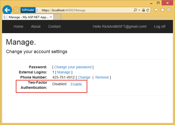 Captura de tela que mostra a página Configurações da Conta do aplicativo A SP dot NET. Two-Factor Autenticação: desabilitada com uma seção Habilitar link está realçada.