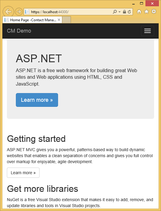 Captura de tela que mostra a home page do My A SP dot NET sem avisos de SSL.