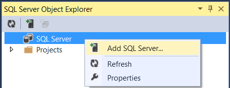 Captura de tela do servidor S Q L Pesquisador de Objetos mostrando o item do Servidor S Q L realçado em azul e o item Adicionar Servidor Q L S realçado em amarelo.