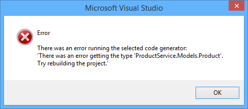 Captura de tela do Microsoft Visual Studio, exibindo um 'X' em círculo vermelho seguido da palavra 'error' e uma mensagem detalhada do erro.