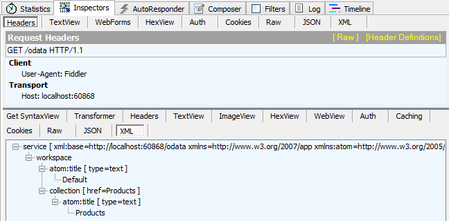 Captura de tela da guia inspetor da lista de sessões da Web, exibindo a resposta cabeçalhos de solicitação e as informações de X M L.