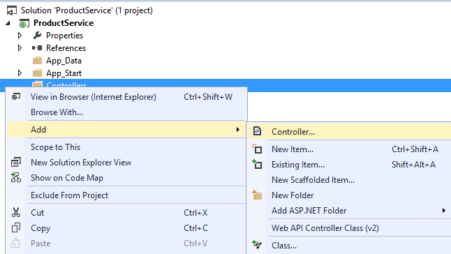 Captura de tela da janela do gerenciador de soluções, que realça a opção do controlador que exibe os menus para adicionar um controlador de Dados O.