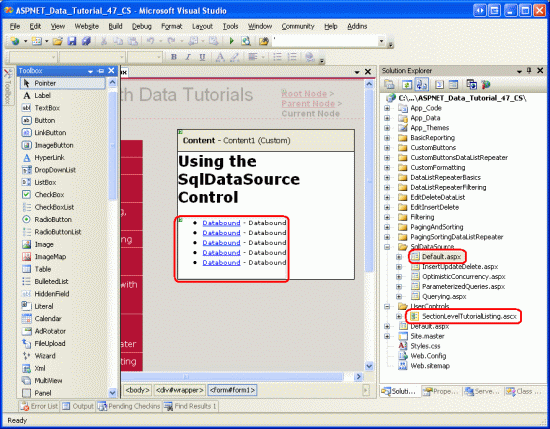 Adicione o controle de usuário SectionLevelTutorialListing.ascx ao Default.aspx