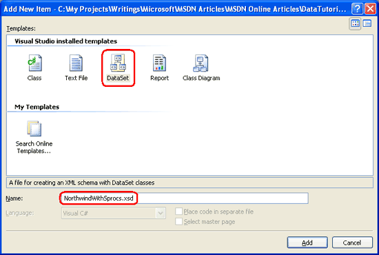 Adicionar um novo conjunto de dados tipado ao projeto chamado NorthwindWithSprocs.xsd