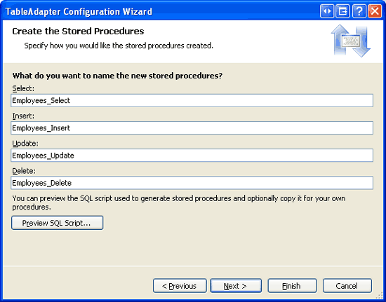 Nomear os procedimentos armazenados do TableAdapter