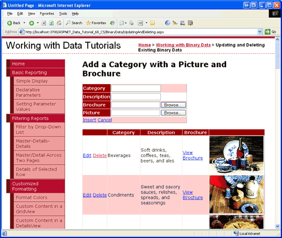 Cada categoria é exibida em um GridView com botões Editar e Excluir