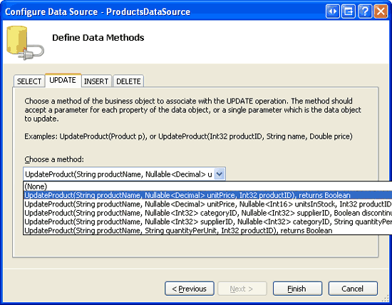 Definir a lista de Drop-Down da guia UPDATE para a sobrecarga de UpdateProduct apropriada