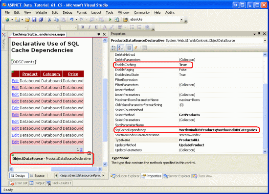 Configurar o ObjectDataSource para dar suporte ao cache usando dependências de cache do SQL em produtos e categorias