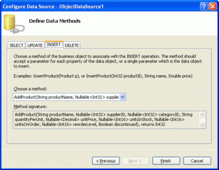 Mapear o método Insert() do ObjectDataSource para o método AddProduct da classe ProductBLL