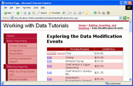 Captura de tela do GridView mostrando o valor UnitPrice da linha editada formatada como uma moeda.