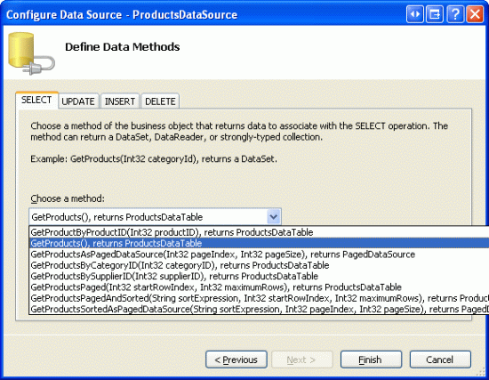 Configurar o ObjectDataSource para recuperar dados usando o método GetProducts()