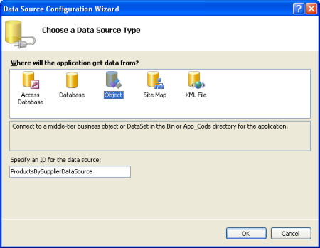 Adicionar um novo objetoDataSource chamado ProductsBySupplierDataSource