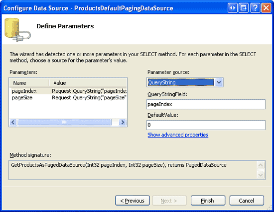 Usar QueryString como a origem para os parâmetros pageIndex e pageSize