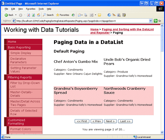 Captura de tela exibindo a página 2 dos Dados de Paginação em uma janela DataList.