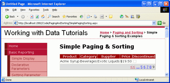 Clicar em um número de página causa um postback e mostra o subconjunto apropriado de registros