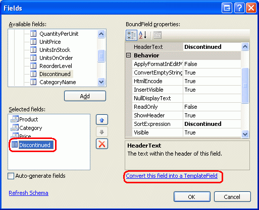 Converter BoundFields e CheckBoxField existentes em TemplateFields