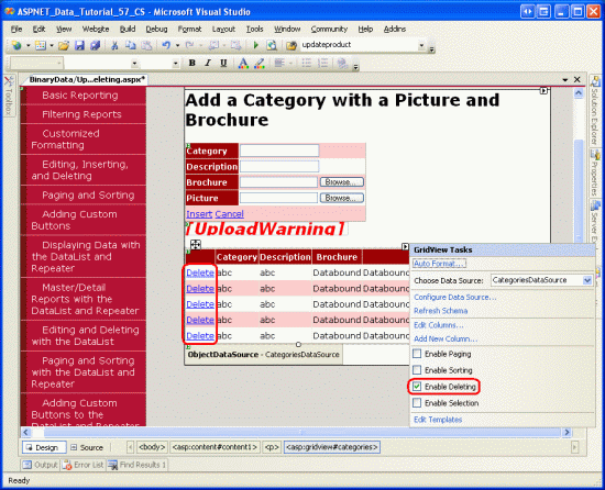 Habilitar o suporte para exclusão no GridView