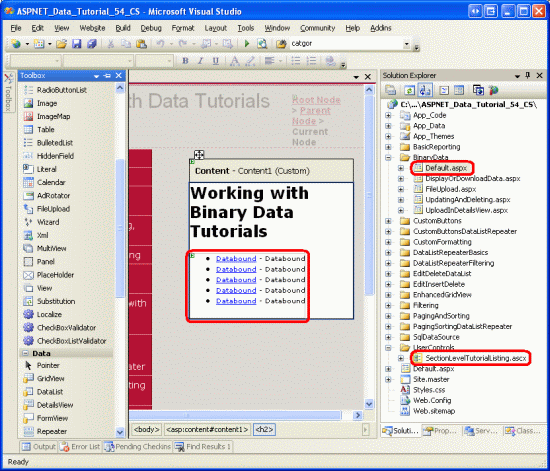 Adicione o controle de usuário SectionLevelTutorialListing.ascx ao Default.aspx