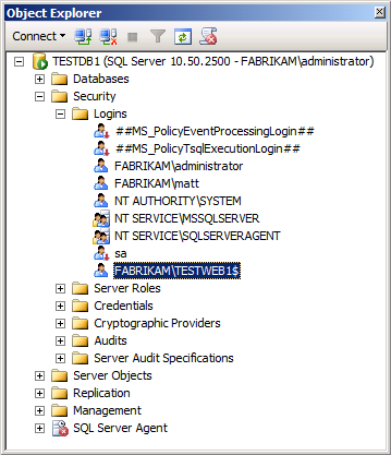 No painel Pesquisador de Objetos, expanda o nó Segurança, expanda o nó Logons e clique duas vezes no logon da conta do computador (por exemplo, FABRIKAM\TESTWEB1$).