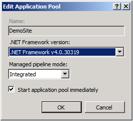 Na lista .NET Framework versão, selecione .NET Framework v4.0.30319 e clique em OK.