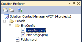 Na janela Gerenciador de Soluções, expanda a pasta Publicar, expanda a pasta EnvConfig e clique duas vezes em Env-Dev.proj.