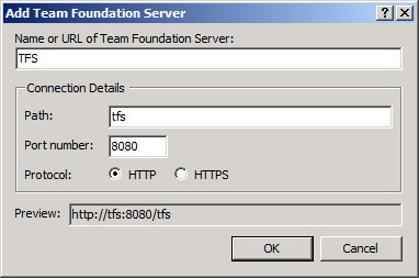 Na caixa de diálogo Adicionar Team Foundation Server, forneça os detalhes da instância do T F S e clique em OK.