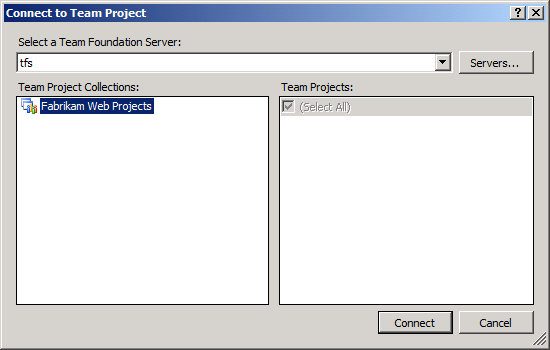 Na caixa de diálogo Conectar-se ao Projeto de Equipe, selecione a instância do T F S à qual você deseja se conectar, selecione a coleção de projetos de equipe à qual você deseja adicionar e clique em Conectar.