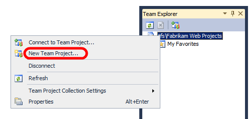 Na janela Team Explorer, clique com o botão direito do mouse na coleção de projetos da equipe e clique em Novo Projeto de Equipe.