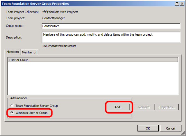 Na caixa de diálogo Propriedades do Grupo do Team Foundation Server, selecione Usuário ou Grupo do Windows e clique em Adicionar.