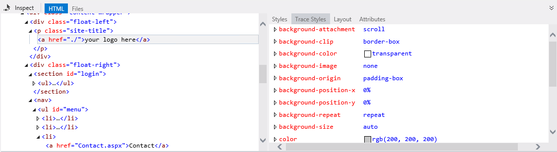 Traçado de estilos CSS do elemento selecionado Traçado de estilos CSS do elemento selecionado