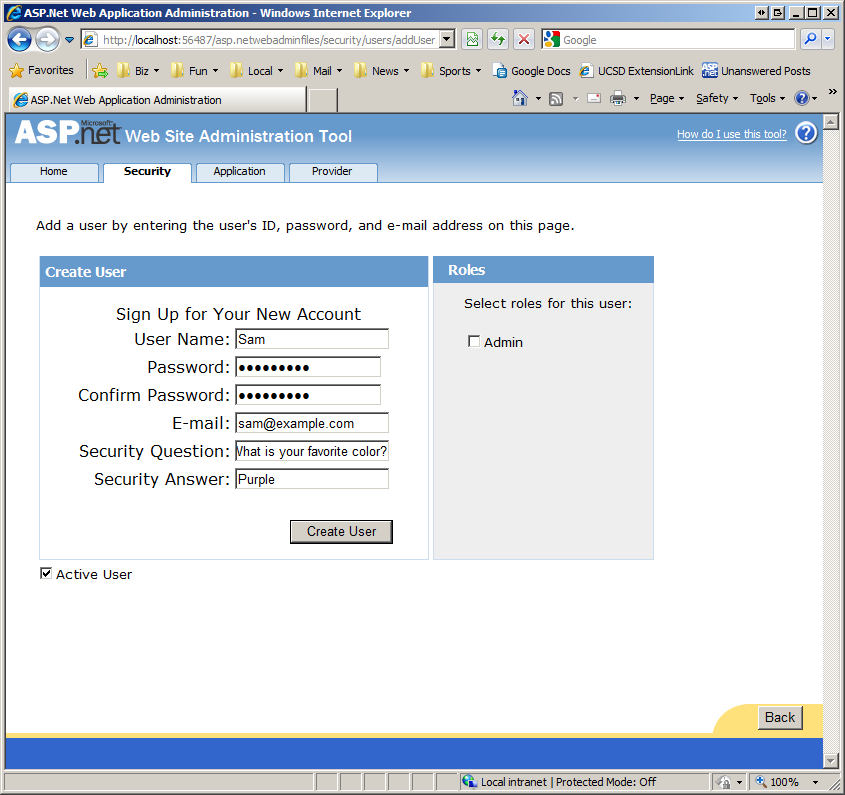 Captura de tela do ASP . Ferramenta de Administração de Site do N E T para criar um novo usuário no ambiente de produção.
