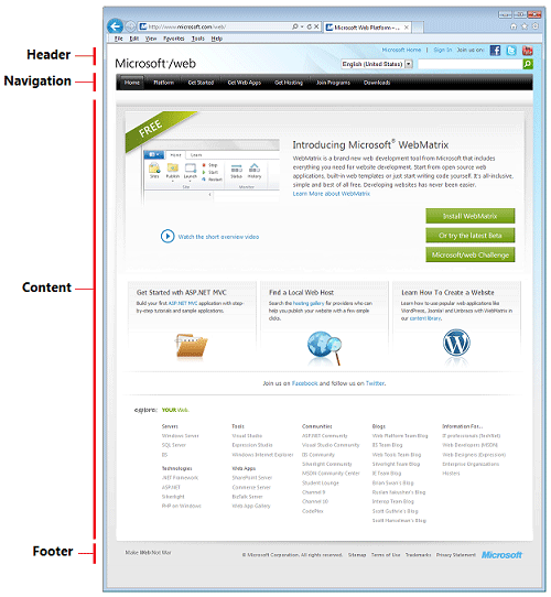Microsoft.com/web página do site mostrando o layout do cabeçalho, da área de navegação, da área de conteúdo e do rodapé