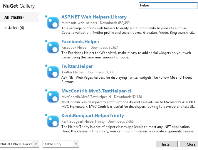 A captura de tela mostra a caixa de diálogo Galeria do NuGet no WebMatrix.