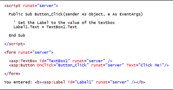 Captura de tela que mostra um exemplo de código ASP.NET.