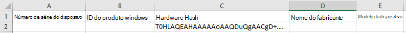 Captura de tela de um arquivo CSV no Excel com um valor de hash na coluna Hash de Hardware.