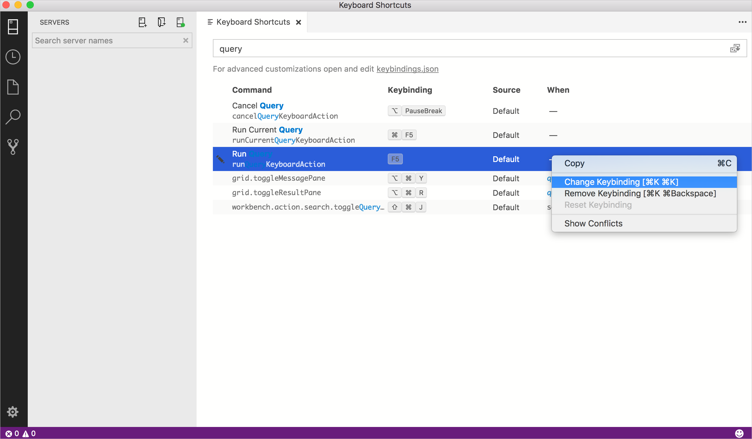 Captura de tela do atalho de teclado de edição no Azure Data Studio.